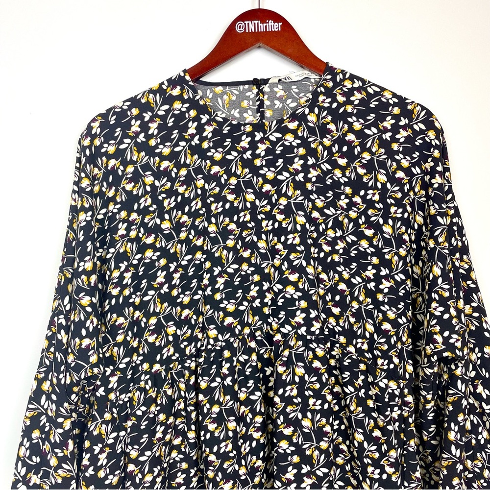 Zara Floral Babydoll Flowy Long Sleeve Mini Dress Black Women's Size Medium Boho - Picture 6 of 15
